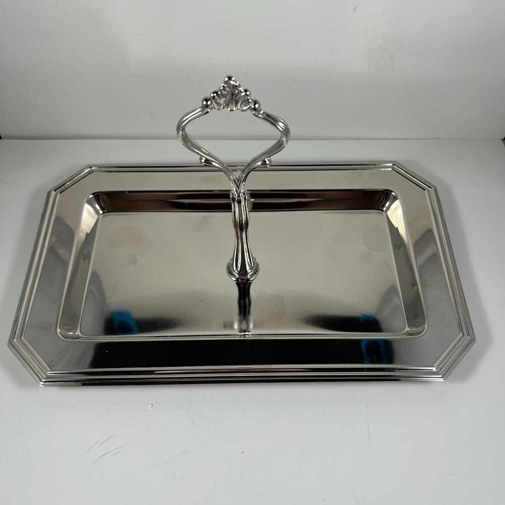 Silver Tone Rectangular Tray With Handle For Serving Or Display - Picture 2 of 2